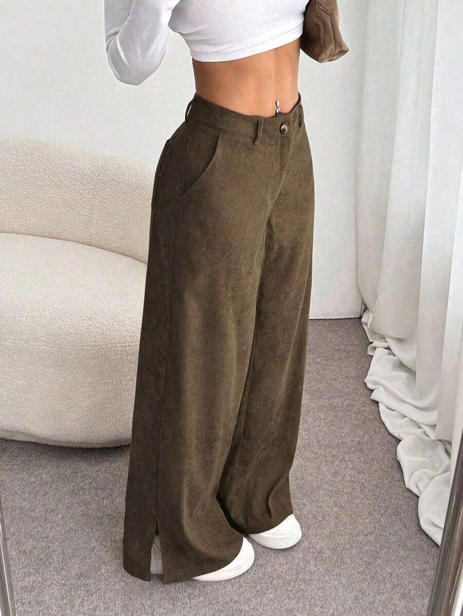 Unity Pantalones palazzo informales, holgados y de pierna ancha dividida de pana para mujeres, otoño/invierno - Marrón - Ver 1