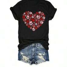 Camiseta Casual de Mujer para el Día de San Valentín con Estampado de Corazón y Huella de Pata - Gris, Manga Corta, Cuello Redondo, Lavable a Máquina, Ropa para Amantes de Mascotas, Cuatro Estaciones, Tela Opaca - 1XL-5XL, Domingo de Pascua, Diseño Limpio, Uso Diario, Resistente a la Decoloración, Para Adultos - Negro - Ver 7
