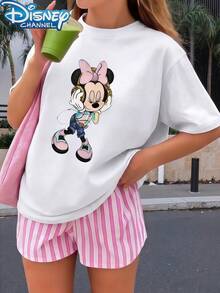 Disney 1pc Teen Girls Cute Minnie Mouse With Headphones Print Short Sleeve Casual T Shirt Tops For Teen Girls Clothes For Teen Girls Teen Clothes Summer - trắng - Xem 2