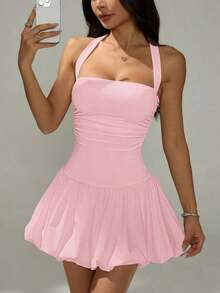 PETITE Vestido informal corto de unicolor con cuello de lazo y espalda descubierta para mujer - Rosa - Ver 7