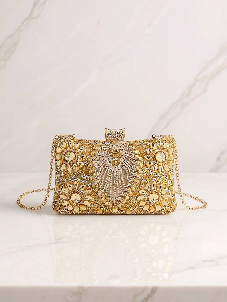Acrylic Rhinestone Evening Clutch Bag, Wedding Party Handbag, Fashion Design Chain Shoulder Bag - Gold - View 1