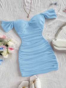 Vestido mini ajustado de punto rojo con hombros descubiertos para mujer, diseño con espalda calada, adecuado para vacaciones, citas, té de la tarde, temporada de bodas, playa, crucero, vacaciones en la ciudad, vacaciones bohemias, festivales de - Celeste - Ver 1