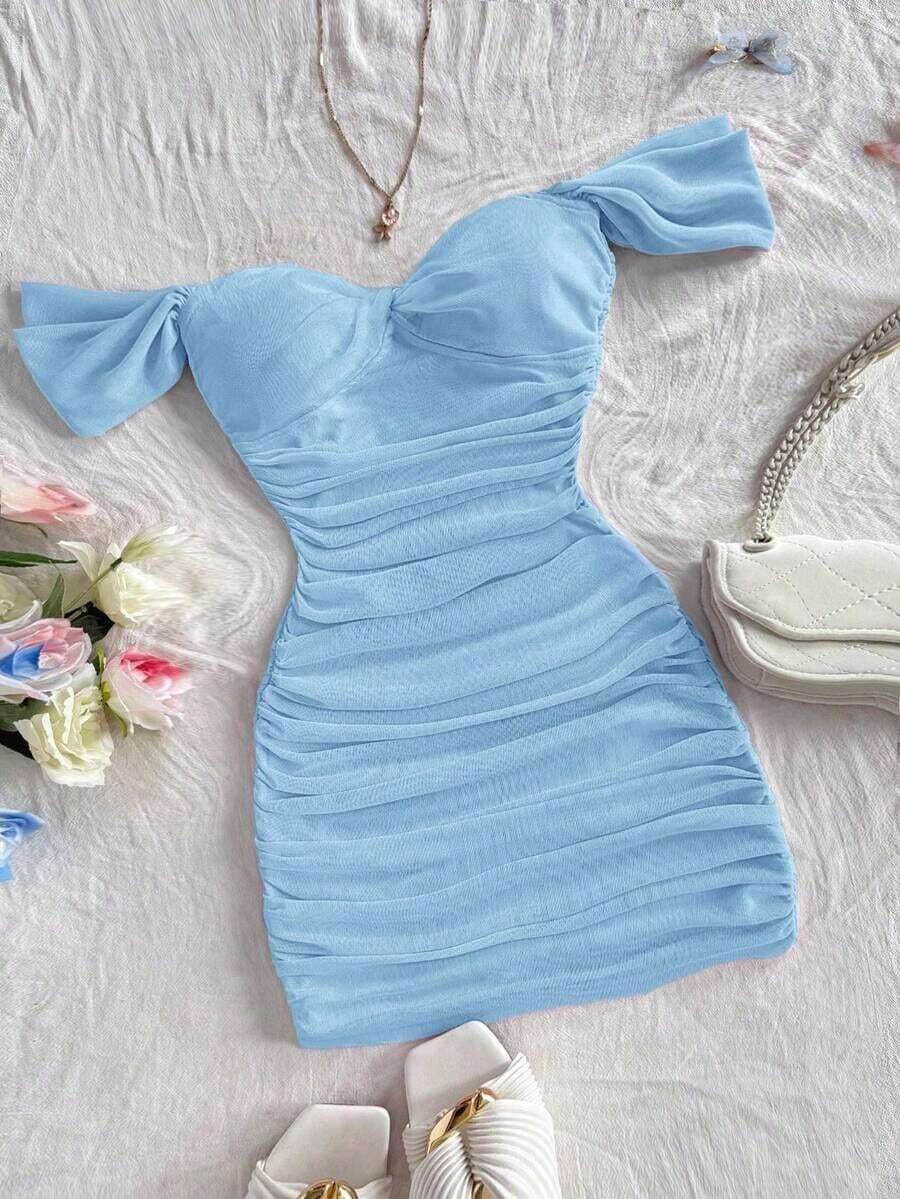 Vestido mini ajustado de punto rojo con hombros descubiertos para mujer, diseño con espalda calada, adecuado para vacaciones, citas, té de la tarde, temporada de bodas, playa, crucero, vacaciones en la ciudad, vacaciones bohemias, festivales de - Celeste - Ver 1