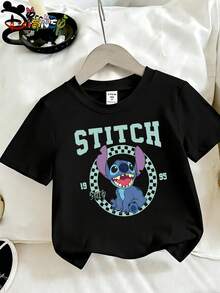 Disney Lilo & Stitch Kids Black Short Sleeve T-Shirt, "Stitch & Co." Group Characters Print Casual Top, Ideal For School, Travel, Vacation And Daily Wear - 黑色 - 查看 3