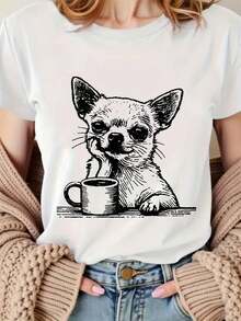 Soft 100%cottonSoft 100%cottonT-shirtCamiseta gráfica de mujer con diseño de chihuahua y taza - Camiseta casual de cuello redondo gris suave, cómoda para usar en todas las estaciones, regalo perfecto para amigos o el Día de San Valentín, diseño juguetón con ilustración de perro en blanco y negro, tela de estiramiento medioBreathable Cotton Tee, All Matchcoolcool - Blanco - Ver 6