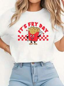 White T-Shirt, It's Chip Day - Funny Fast Food T-Shirt With French Fries, 100% Cotton, Casual Short Sleeve Crew Neck T-Shirts For Women - Perfect For The Holiday Season And Outdoor Activities - 白色 - 查看 7