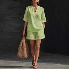 (Free Shipping)2026 Spring/Summer Women's Solid Color V-Neck Linen-Cotton Casual Top And Shorts Two-Piece Set - Blue - View 3