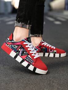 Men's Niche Contrast Color Random Geometric Print Patchwork Lace-Up Low-Top Sneakers, Personalized Letter Graphic Outdoor Flat Casual Sports Shoes For Teenagers - Black and Red - View 8