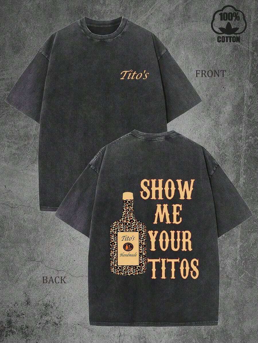 Camiseta de Algodón Lavado con Estampado Gráfico de Leopardo "Show Me Your Titos" de Tito's Vodka, Ropa Urbana Casual de Talla Grande para Amantes del Alcohol, Camiseta de Hombre de Algodón Lavado de Alta Calidad de 230G, Camiseta "Show Me Your Titos", Agradable al Tacto, Transpirable, Adecuada para Reuniones y Uso Diario, Estilo Urbano Retro, Es el Mejor Regalo para Amigos Amantes de la Cultura del Vino. - Blanco - Ver 1