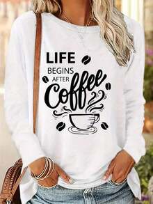 Women's Casual Long Sleeve T-Shirt - Coffee Lover Print With 'Life Begins After Coffee' Slogan, Round Neck, Machine Washable, Spring, Summer & Autumn Essential, Comfortable Loose Fit Shirt, Soft Texture - Plus Size Unisex Leisure Top. - 白色 - 查看 1