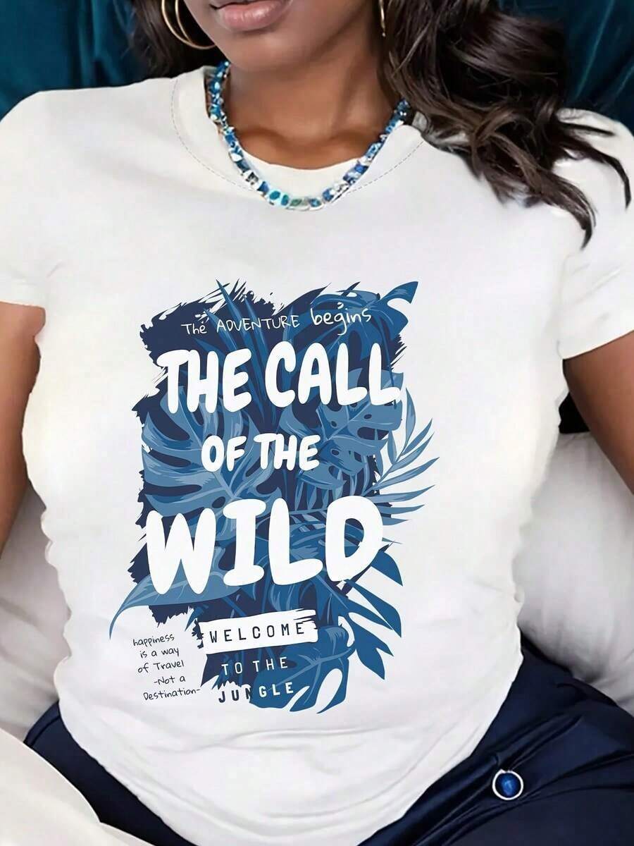 ropa de mujer Camiseta de mujer con estampado de hojas de la selva y el llamado de la naturaleza, temática de aventura y viajes, camiseta gráfica informal para uso al aire libre, camisas de mujer - Blanco - Ver 1