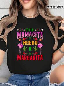 Women's Funny T-Shirt "This Mom Needs A Daisy" - Cinco De Mayo Party Outfit With Floral And Cactus Print - Soft Black T-Shirt With Red, Green, Pink, And Yellow Lettering - Casual Mexican Style Clothing For Birthdays, Bachelorette Parties, Machine Washable T-Shirt For Everyday Wear, Birthday Celebrations, Glitter Lettering, Comfortable Fitted Short Sleeve T-Shirt, Festive Outfit - 黑色 - 查看 9