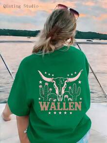 Camiseta de mujer, casual, de cuello redondo, 1 pieza, ultra suave y transpirable, con un diseño bohemio que presenta cabezas de vaca, cactus y otros patrones, etiquetada como "WALLEN," perfecta para vacaciones de surf en la playa y para uso casual de primavera/verano. - Verde - Ver 12