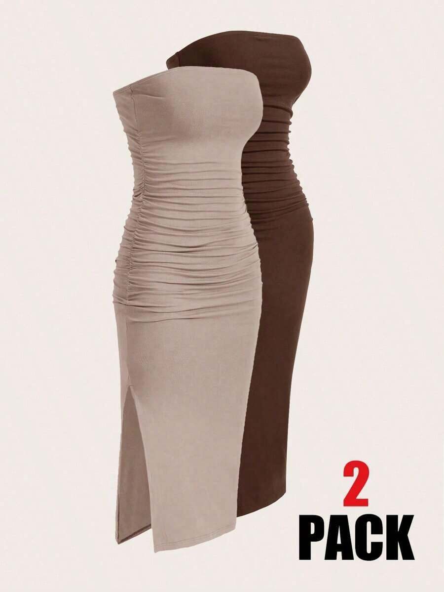 Vestido sin tirantes de mujer con tejido de punto colorido - Marrón - Ver 1