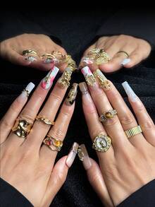 Opulast 10 PCS Handmade Square Press-On Nails | Luxury Palace Style Classic French Acrylic Nails, 3D Gold Virgin Mary & Sacred Heart Charms, Elegant Pearl & Rhinestone Inlaid Royal Art, Edgy Nude French Statement Nails (Tool Kit Included) - Nhiều màu - Xem 12