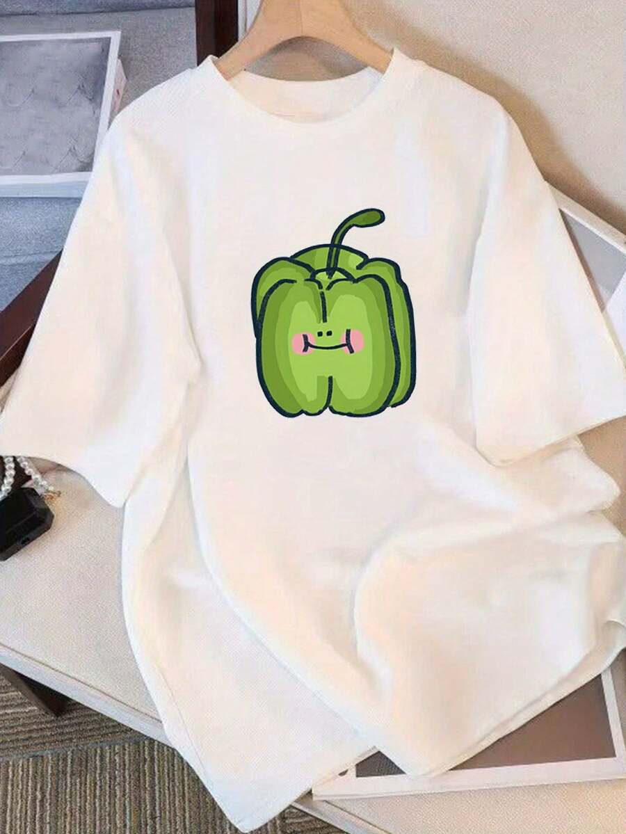 Camiseta Casual Esencial para Mujer con Estampado de Pimientos Verdes - Camiseta de verano 100% holgada de manga corta y cuello redondo, con diseños de pimientos sonrientes y chiles, ropa casual, lavable a máquina, ligera y cómoda, adecuada para amantes de la comida coreana y la moda picante, estampado de pimiento divertido y de dibujos animados, corte holgado, tela transpirable, adecuada para todas las estaciones, patrón de pimientos verdes brillantes. Algodón suave para uso diario en verano. - Blanco - Ver 1