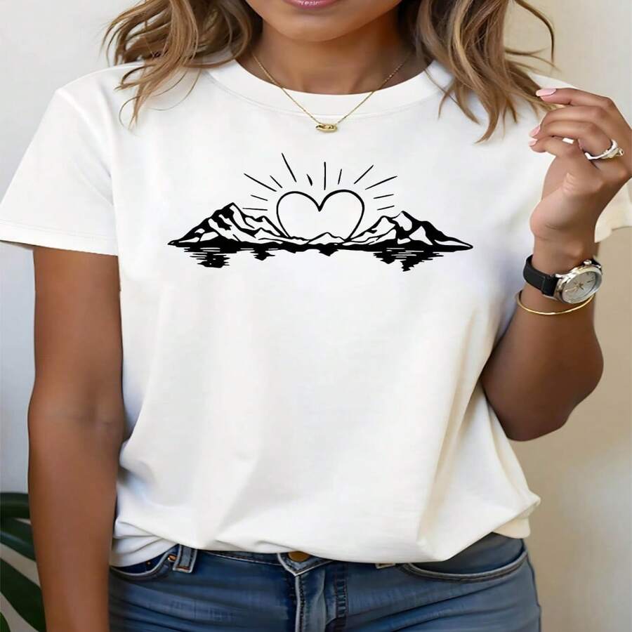 Women's Casual Cotton Round Neck Short Sleeve T-Shirt With Mountain And Heart Print, High Stretch Regular Fit Top - 白色 - 查看 1