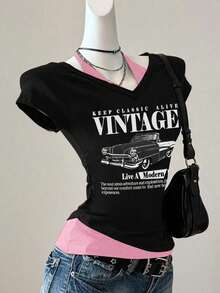 Camiseta de mujer casual de cuello en V retro, con atar, de manga corta y contraste de color, adecuada para el verano - Rosa - Ver 6