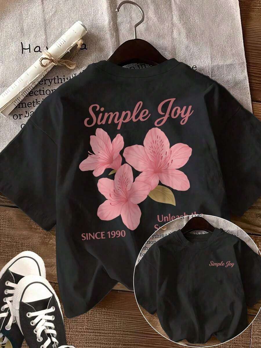 Women's Casual Spring/Summer T-Shirt With Double-Sided Print, Fresh Style With Pink Floral Print, Simple Happiness To Unleash Your Inner Sweetness, Fashionable Short-Sleeve Crew Neck T-Shirt, Perfect For The 4th Of July, World Cup Match Day, Soft And Lightweight, Easy To Match With Any Outfit. Women's 100% Cotton Graphic T-Shirt, Brokey Y2K Style, Crew Neck, Loose Fit. - 黑色 - 查看 1