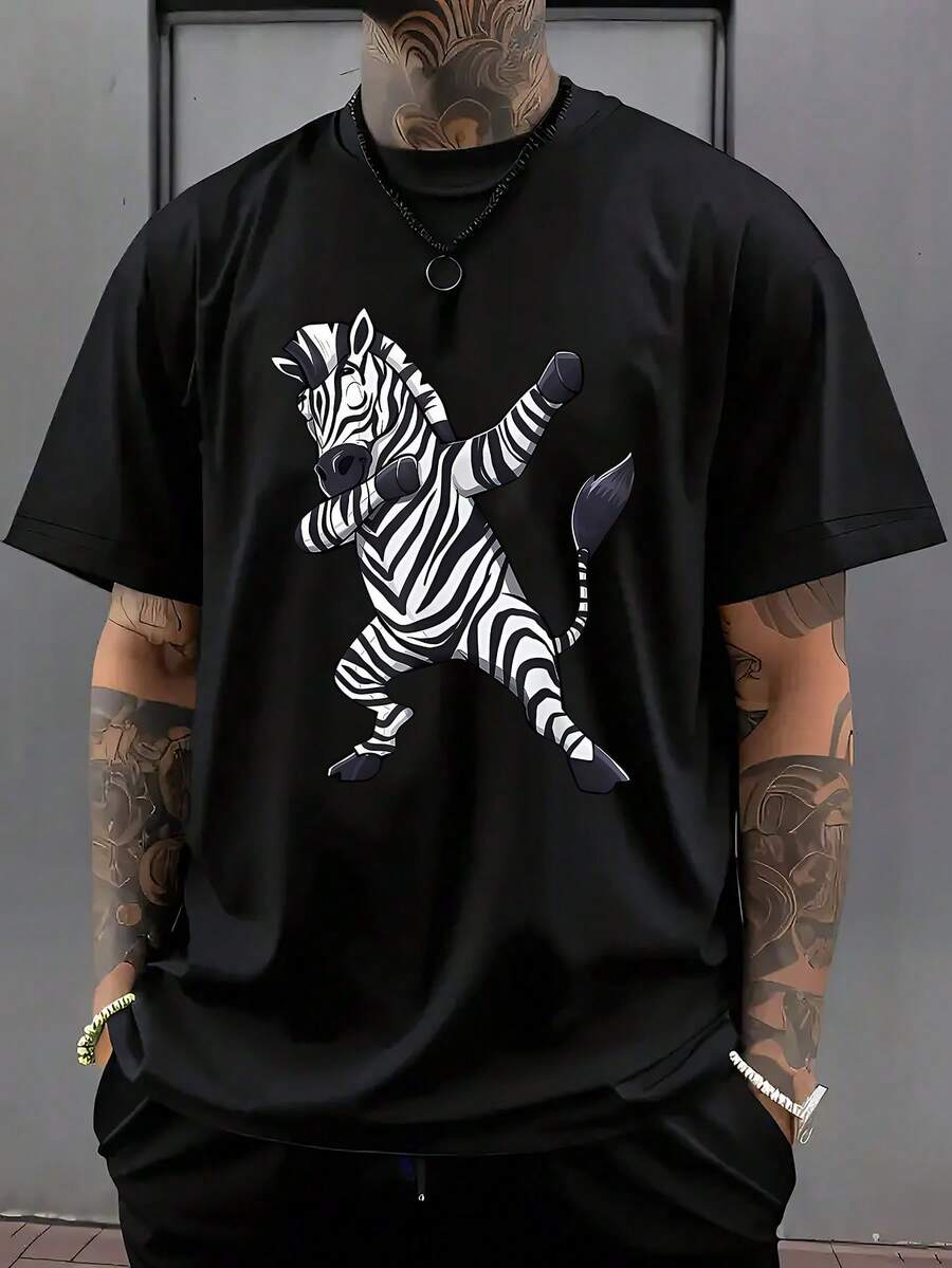 Camiseta casual manga corta hombre estampado gráfico cebra bailando transpirable verano corte regular cuello redondo lavable a máquina atuendo casual - Negro - Ver 1