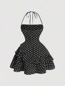 Vestido mini con cuello halter romántico y de moda para mujer - Negro - Ver 2