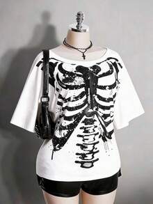 Colección verano 2026. Camiseta holgada mujer talla grande, estampado calavera y rosa gótico punk, estilo retro vanguardista. Tallas 3–7XL, apta otoño-invierno. Envío gratis 24h. - Blanco 1 - Ver 14