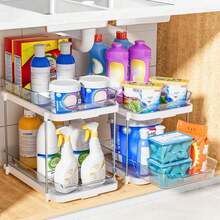 2-Tier Multi-Purpose Bathroom Under Sink Organizers And Storage, Stackable Kitchen Pantry Organization, Pull Out Medicine Cabinet Organizer With Movable Dividers. - 查看 3