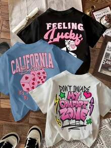 New Women's Fashion T-Shirt, With Graffiti Style Dice Print And California Lettering, Round Neck, Plus Size, Pure Cotton For Summer, Loose And Flattering, Local Delivery, Fashionable Casual Top, Casual Style, Round Neck, Slightly Stretchy. - 黑色 - 查看 1