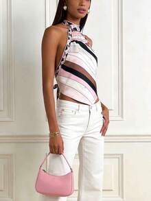 Vintage Elegant Sexy Halter Backless Tie Satin Abstract Print Summer Blouse For Women Pink - Pink - View 4