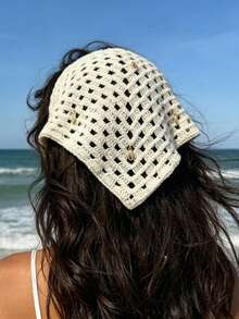 1pc Fashionable Sweet Cute Bandana Beige Hollow Knit Cherry Print Triangular Scarf Summer Hair Accessories Beach Hair Band Vacation Headband - Multicolor - View 7