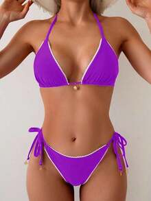 Swim Vcay - Conjunto de Bikini Triangular Sexy con Ribete de Encaje para Mujer, 2 Piezas, Conjunto de Bikini Halter con Tiras Simples para Vacaciones de Verano en la Playa - Morado - Ver 3