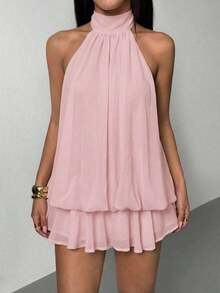 Vestido mini elegante de mujer con escote halter y lazo en color beige - Rosa - Ver 3