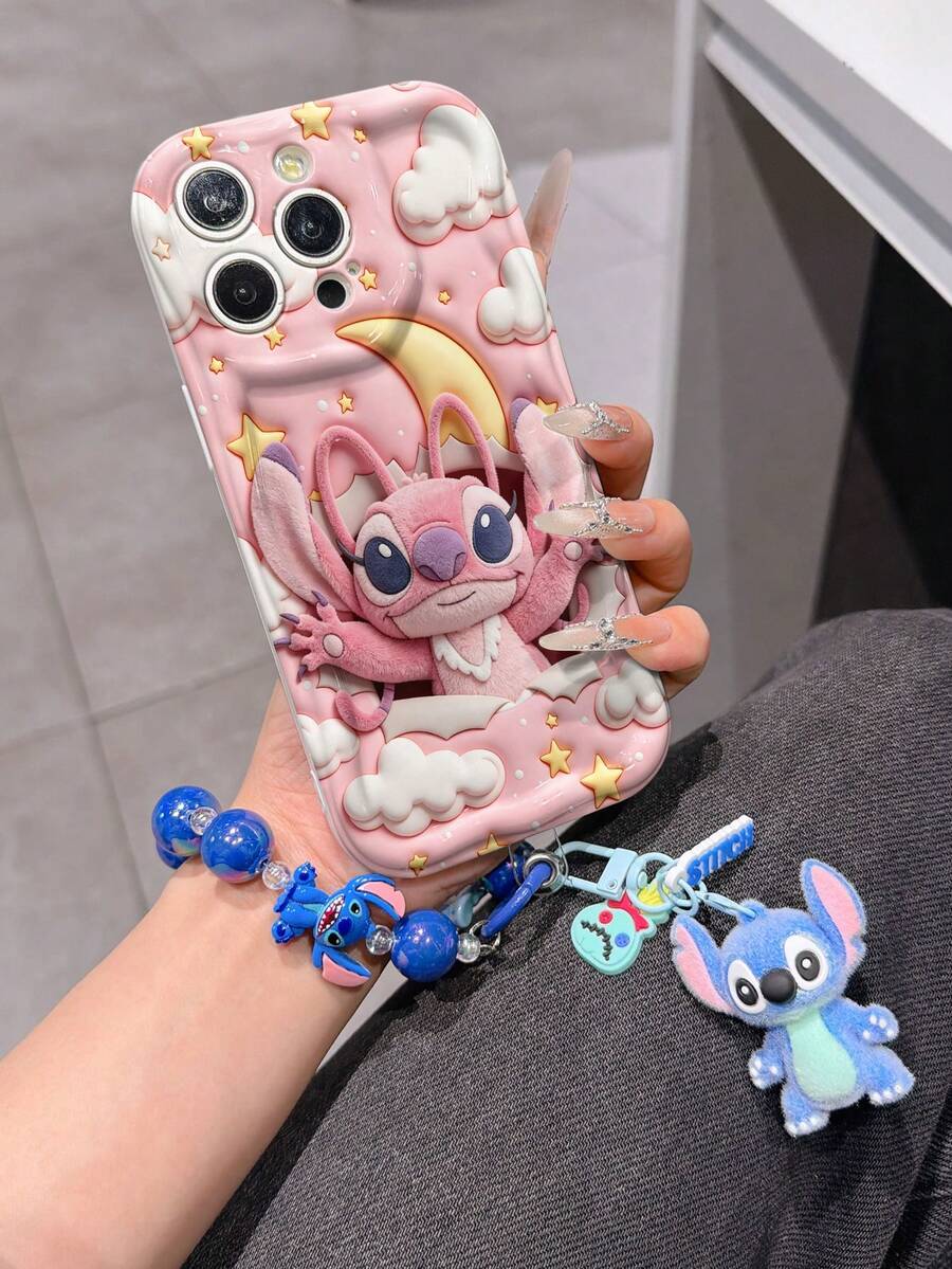 Disney Has Authorized, Phone Case - Chain Set, The Stitch Lilo & Stitch 3D Phone Case Plus A Silicone 3D Stitch Bracelet With Metallic Ring Removable Bracelet, Stitch And Angel Pattern, Compatible With Iphone17/16/15/14/13/12/11/XS/XR/X Plus Pro Max, A Stylish Cartoon Phone Case, The Perfect Gift Choice, Phone Protection, Durable Phone Cover, Great Gift For Friends And Family. - 白色 - 查看 1
