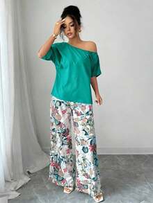 2 piezas Conjunto de top asimétrico de cuello sólido y pantalones con estampado tropical, estilo casual de vacaciones - Verde - Ver 5