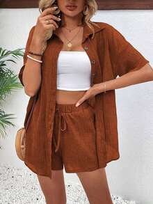 Conjunto de 2 piezas con blusa de manga corta de cuello de botones y shorts con lazo delantero, sencillo, para mujer - Marrón - Ver 7