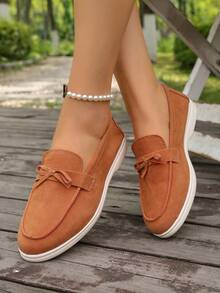 2026 Frühling/Herbst Neue Koreanischer Stil Casual Veloursleder Flache Schuhe für Damen, Rundspitze Slip-On mit Schleifen Dekor, Weiche Sohle Bequeme Loafer, Vielseitig für Alltag und Pendeln - Orange - Übersicht 2
