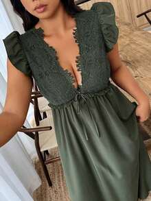 Weeklong Vestido casual de talla grande con cuello en V profundo, cordón y mangas de cáp en unicolor - Verde militar - Ver 8