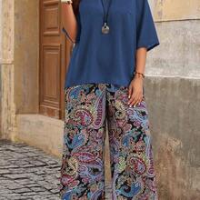Plus Size Holiday Casual Solid Color Top And Paisley Print Pants 2 Pieces Set,Holiday Outfits Boho - Multicolor - Ver 2