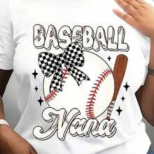 1 pieza Camiseta con estampado gráfico de béisbol Nana – Camiseta casual de manga corta con cuello redondo para mujer, beige con diseño de béisbol en rojo y azul, perfecta para primavera y verano, ropa para fanáticos de los deportes, diseño divertido, cómoda, 180g 100% algodón. - Blanco - Ver 7