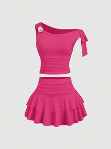 Conjunto de top de tirantes y minifalda plisada y con decoración de flores metálicas para mujer, ideal para el verano - Rosa Fucsia - Ver 3
