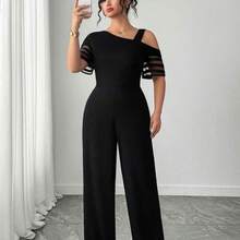 Elenzya Plus Size Women Casual Solid Color Minimalist Asymmetric Jumpsuit - Negro - Ver 6