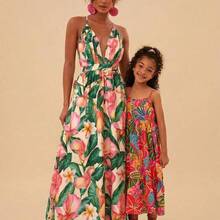 TRVLCHIC Mother's Day Tropical And Floral Printed Spaghetti Strap Backless Dresses For Women,Mother's Day Gift Ideas, Gift From Daughter,Summer Clothes,Beach Outfits For Woman,Rave Outfits Festival,Tropical Vacation, Bohemian Outfits, Ibiza Outfits, Western Style - Rosa Fucsia - Ver 9