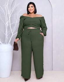 Plus Size Set: Off-The-Shoulder Cropped Top And Elegant High-Waisted Lined Palazzo Pants - Hijau Tentara - View 1