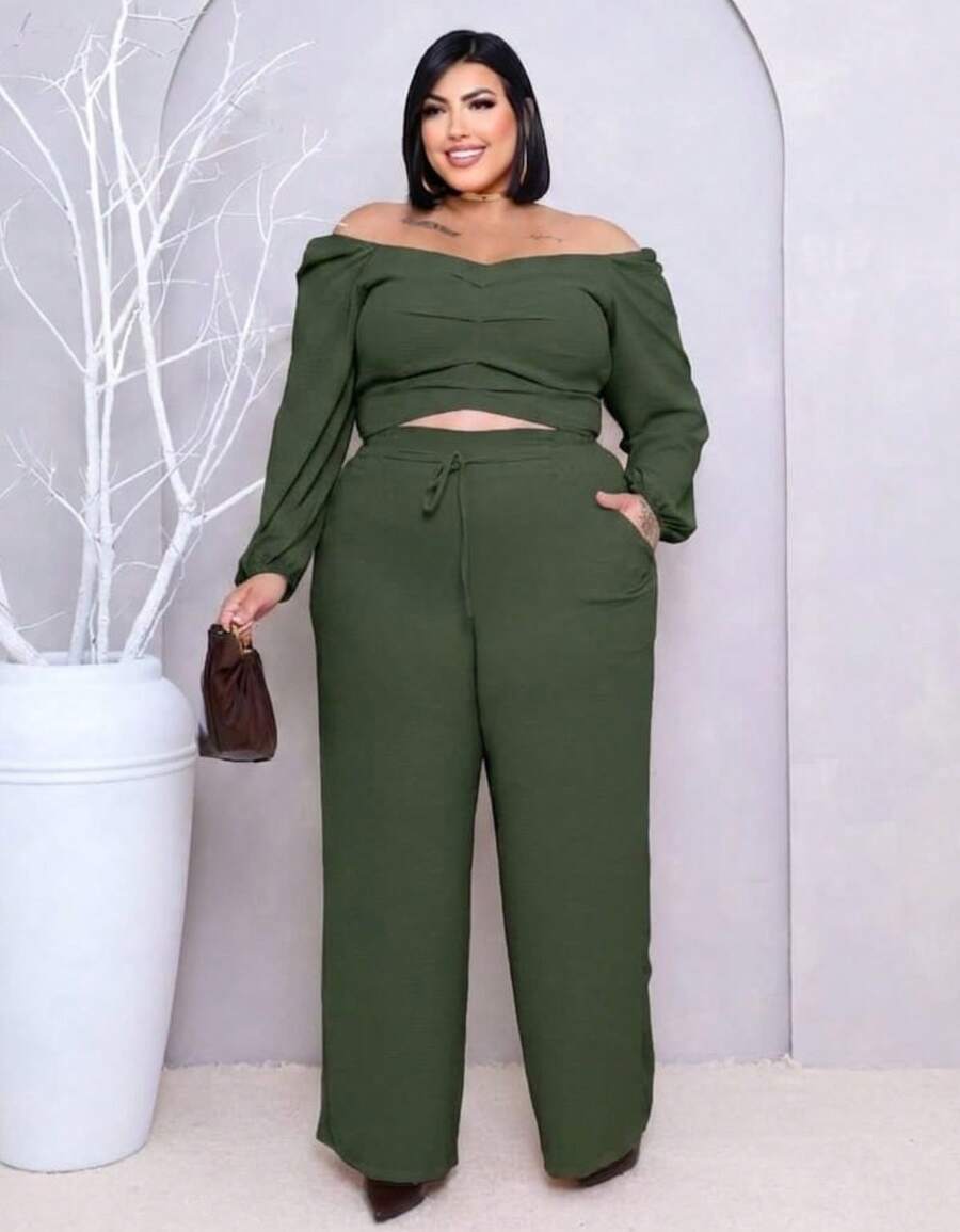 Plus Size Set: Off-The-Shoulder Cropped Top And Elegant High-Waisted Lined Palazzo Pants - Hijau Tentara - View 1