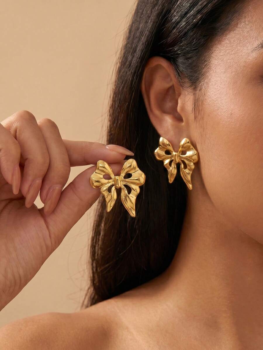 Juego de pendientes vintage dorados de acero inoxidable, joyería con lazo, corazón y diseño geométrico, pendientes de botón hipoalergénicos de declaración para mujer, regalo - (4-8 pares)