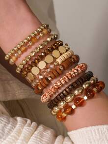 Bộ 11 vòng tay hạt cườm nhiều lớp phong cách Bohemian dành cho nữ, vòng tay co giãn bằng gỗ cổ điển và hạt cườm vàng, phụ kiện đa năng cho hàng ngày, dự tiệc và du lịch. - Nhiều màu - Xem 1