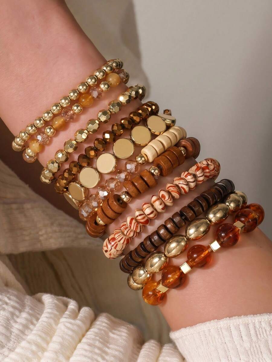 Bộ 11 vòng tay hạt cườm nhiều lớp phong cách Bohemian dành cho nữ, vòng tay co giãn bằng gỗ cổ điển và hạt cườm vàng, phụ kiện đa năng cho hàng ngày, dự tiệc và du lịch. - Nhiều màu - Xem 1