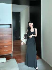 Women's Halter Neck Dress, Dark Greyish Green, Knit Design With Knot At The Waist And Decorative Ribbons, Fitted Stretch Fabric, Modern Elegant Style, Ideal For Everyday Wear. - 黑色 - 查看 3