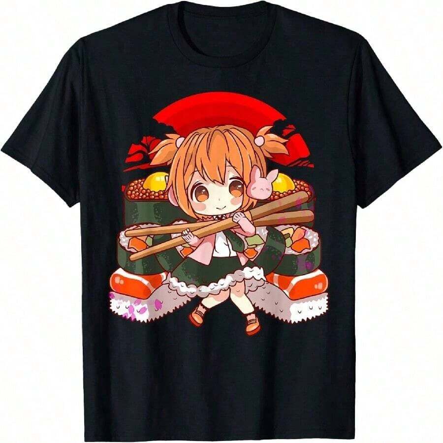 Camiseta Y2k con diseño de chica anime chibi kawaii linda de sushi. - Blanco - Ver 1