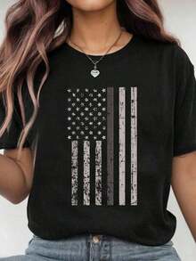 1 Piece, 100% Cotton, Unisex T-Shirt With US Flag Print, Classic And Comfortable Style, Crew Neck, Plus Size, T210g, 100% Cotton, Designs Are Printed. Unisex. - 黑色 5 - 查看 11
